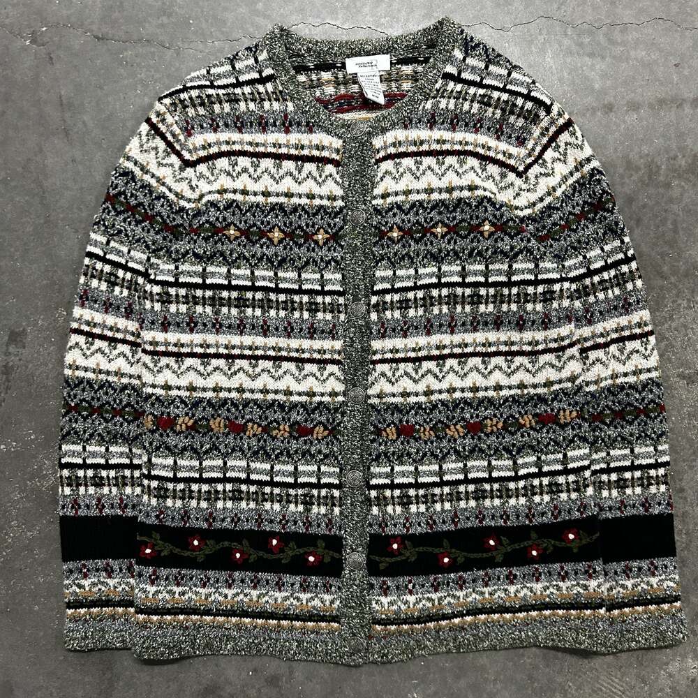 Northern Reflections Vintage Fair Isle Floral Knit Cardigan Sweater